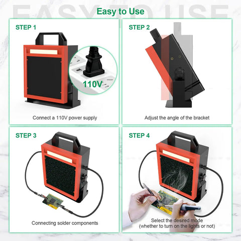 Pro-Grade Solder Fume Extractor With LED Light And Two Helping Hands setup steps including power connection and angle adjustment.