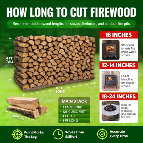 Top Shelf Firewood Measuring Marker Tool With Five Heavy Duty Wheels Six To Twenty Four Inch Range Rock Solid Build for firewood stack displaying lengths.