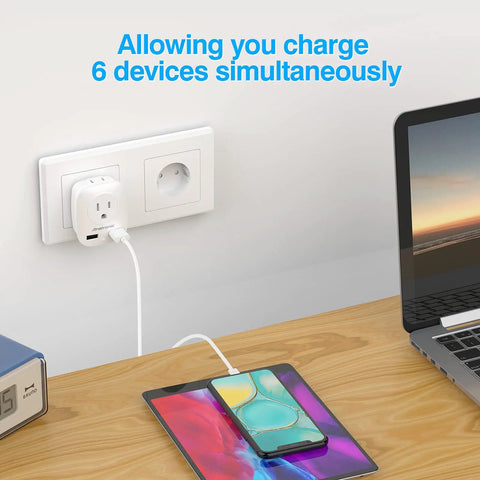 3 Pack European Travel Plug Adapter With Dual USB Ports And Two US Outlets charging multiple devices