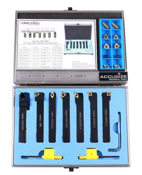 1/2 Inch Shank 7 Piece Indexable Carbide Turning Tool Set With 10 Extra TiN Coated Inserts For Pro Grade Smooth Cutting Of Mild Steel And Cast Iron MGEHR0 Holders Included in case