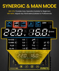 Control panel display of Beast 200A Plasma Cutter Welder Combo 7 In 1 Multi Process Welder, showing synergic and manual modes.