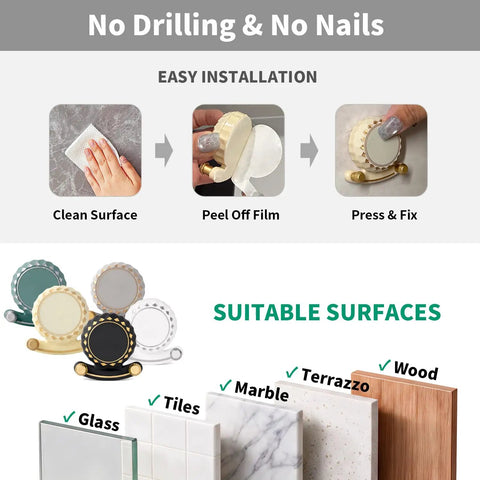 Tough As Nails Two In One Self Adhesive Magnetic Wall Hooks With Heavy Duty Grip No Drill Mount with installation steps and suitable surfaces.