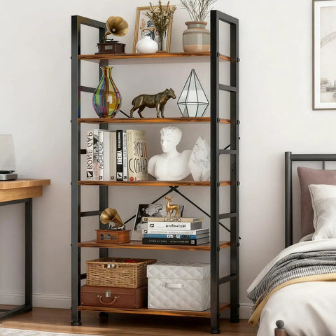 Industrial 5 Tier Bookshelf With Sturdy Metal Frame And Open Wooden Shelves Free Standing Bookcase For Living Room Bedroom And Office Heavy Duty Display Rack 62.2 Inches Tall Brown, with books and decor items on shelves