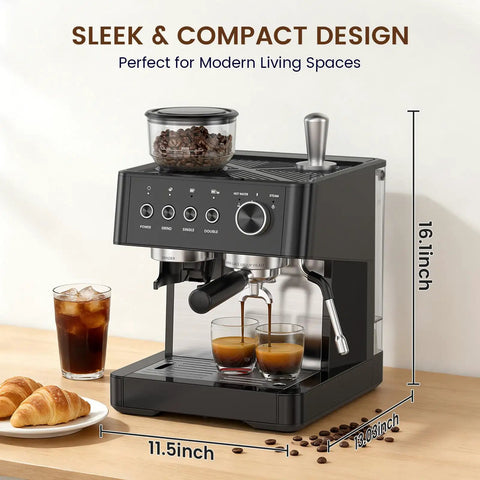 Game Changer Twenty Bar Espresso Machine With Integrated Burr Grinder Thirty Grind Settings Milk Frother steam wand with coffee shots