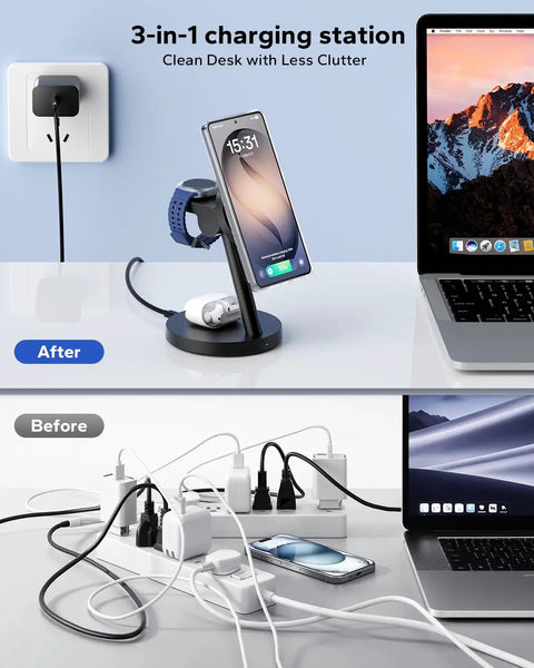 Samsung 3 In 1 Magnetic Wireless Charging Station Stand for Galaxy phone, Watch, Buds shown on tidy desk next to laptop.