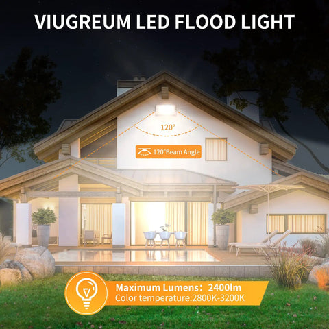 10 Pack LED Flood Lights Outdoor 300W Ultra Bright Security Lighting With IP65 Weatherproof Rating For Yard And Barn, Warm White Glow illuminating exterior of a modern house at night.