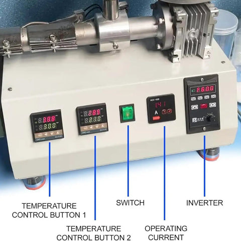 Control panel of a desktop extruder featuring temperature controls and inverter for Crush Plastic Pellets Into Premium Quality 3D Printer Filament With This Plug And Play Powerhouse Desktop Extruder Boasting Smart Dual Zone Heating For TPU ABS PET PVC.