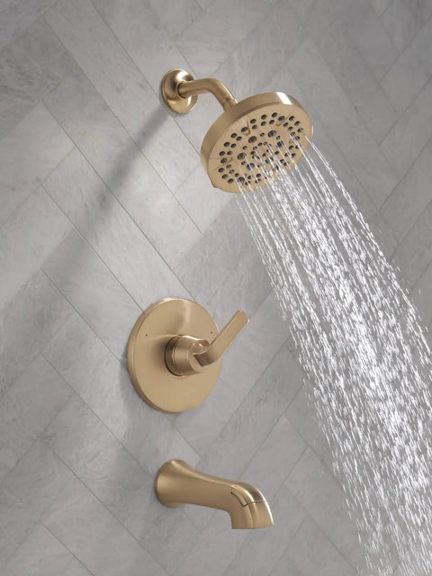 Top Shelf 5 Setting Bathtub Shower Faucet Trim Kit In Brushed Gold With Killer Full Body Spray Zero Hassle Setup Valve Sold Separately, shower head and lever faucet.