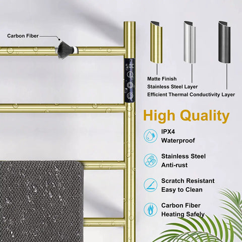 4 Bar Brushed Gold Heated Towel Warmer Rack With Built-In Timer Stainless Steel Wall Mounted Towel Warmer for bathroom details