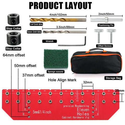Bulletproof Aluminum Alloy Shelf Pin Jig With 11 Hole Template For Knocking Out Flawless Dowel Spacing On Built Tough Adjustable Woodworking Shelves layout with tools, storage bag, and measurements.