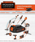 20V Lithium Ion interchangeable battery system for power tools, lawn, garden, and home cleaning with drill and toolkit