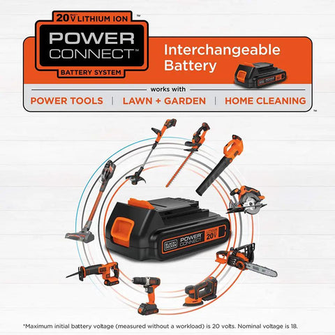 20V Lithium Ion interchangeable battery system for power tools, lawn, garden, and home cleaning with drill and toolkit