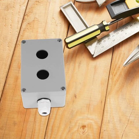 Aluminum Control Switch Box With Two Holes, Outdoor Switch Console Case, Emergency Stop Push Button Station, Built Tough For Industrial Electrical Panels on wood