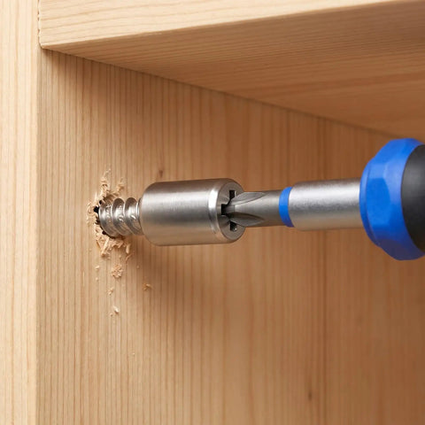Drill inserting screw from Heavy Duty Cabinet Shelf Peg Set With 150 Self Tapping Screws And 150 Sleeves 0.3 Inch Pins for cabinets