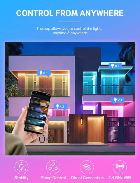 Smart LED Bulbs No Hub Required A19 E26 Color Changing Mood Lighting 60W Equivalent Dimmable by App showing home lighting control