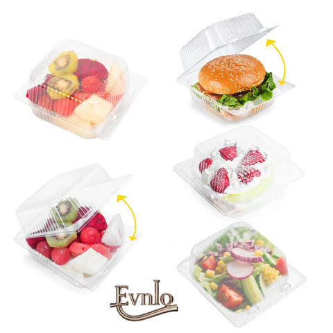 100 Count Clear Thickened Plastic Food Containers With Lids Clamshell Takeout Boxes displaying cake slices, burgers, and salads