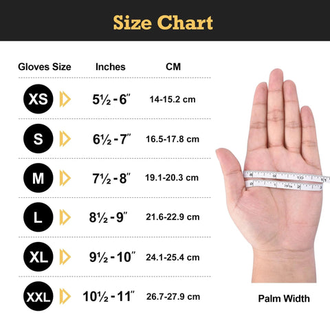 TitanFlex heavy-duty nitrile glove size chart showing XS–XXL sizes and a hand with a tape measure.
