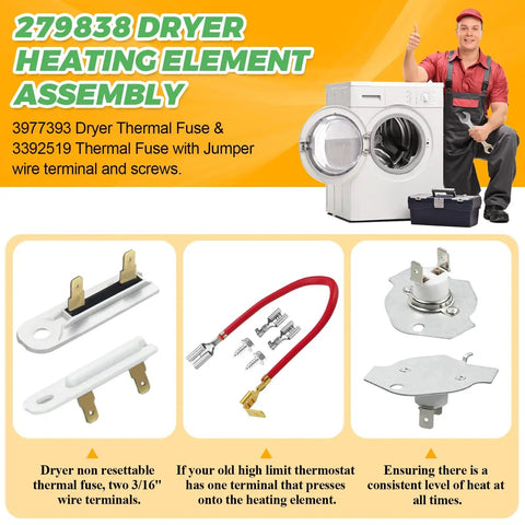 279838 dryer heating element assembly kit with thermal fuses, jumpers, and terminal connectors for efficient drying.