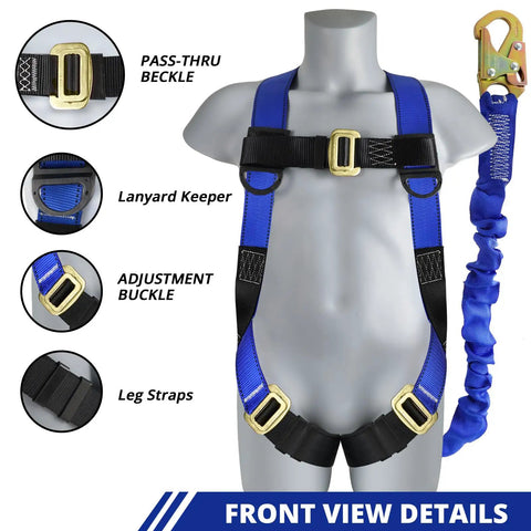 Heavy Duty Full Body Fall Arrest Safety Harness With Six Foot Shock Absorbing Lanyard Ansi Certified Construction Roofing Workhorse Built Tough For Real Deal Field Professionals, front view showing adjustable blue straps and buckles.