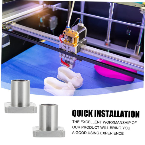 Two Pack flange linear bearings 3D printers for smooth motion in CNC projects and DIY upgrades, shown installed on a 3D printer with prints.