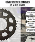 Black Beefed Up 64T Rear Wheel Sprocket For 35 Chain Compatible Hardened Steel with Laser Etched Logo, Specifications Highlighted