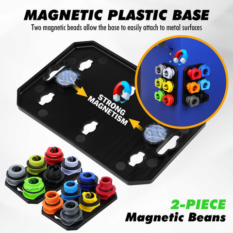 No Spill 20 Piece Engine Oil Funnel Kit with colored adapters on magnetic plastic base showing strong magnetism