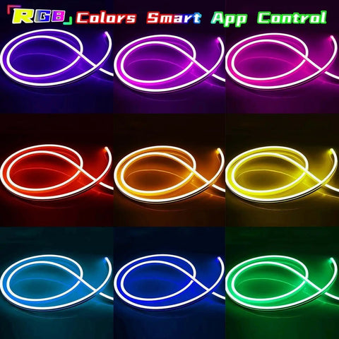 Neon Rope Lights 32.8ft 10m LED Neon Strip Lights With Remote App Control IP65 Waterproof Flexible 24V RGB colors display