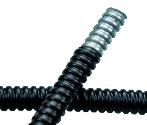 Close-up of Heavy Duty 2 Inch Liquid Tight Flexible Metal Conduit Pvc Coated Galvanized Steel Core Black Wire Raceway.