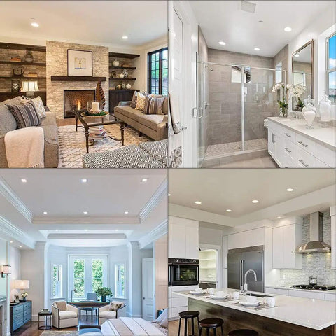 9 Pack Led Recessed Downlights Beefy Aluminum Housing in stylish living room and kitchen settings, highlighting warm white illumination.