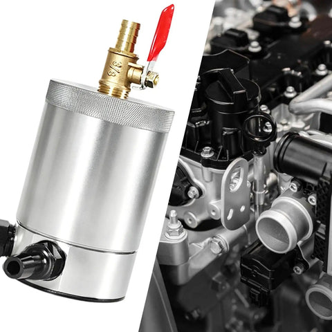Catch Can 300Ml Double Port Baffle Design Oil Separator For Car Engine Protection shows aluminum tank and engine components.