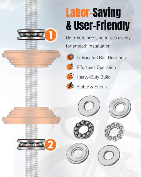 Diagram showing heavy duty pro grade bicycle headset press tool with aluminum alloy construction and anodized finish.