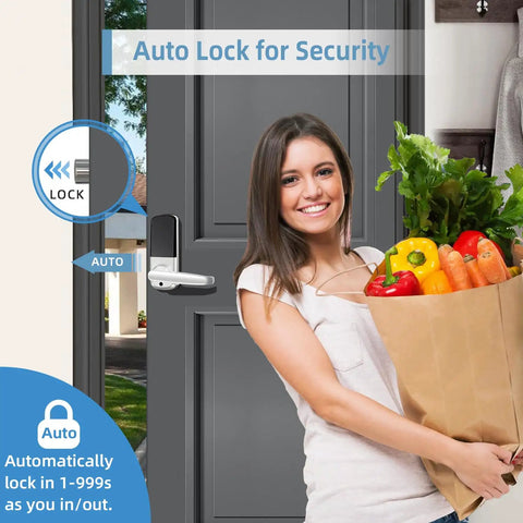 Slick Biometric Fingerprint Smart Lock With Handle Set For Front Door, auto lock, featured on a gray door with a woman holding groceries.