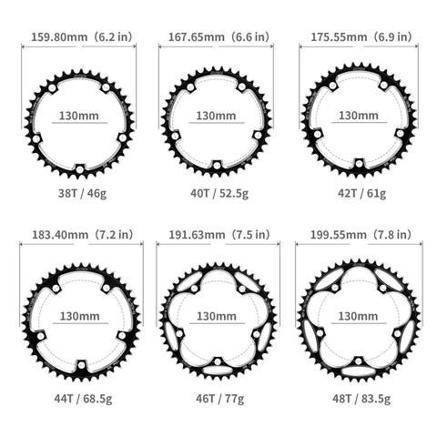 130 BCD Round Bike Chainring 42T Narrow Wide Single Chainring For 8 9 10 11 12 Speed Road Bikes showing various sizes and weights.