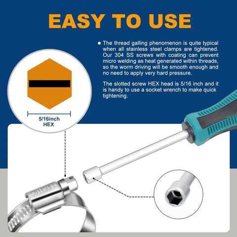 Illustration showing screwdriver tightening Beefy Heavy Duty Hose Clamp Kit 5/16 to 2 3/4 Inches 8 to 70mm SAE Standard 304 SS Clamps.