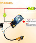 Wiring diagram for 12V relay with 8 pins and connectors, showing battery connection and relay positioning setup.