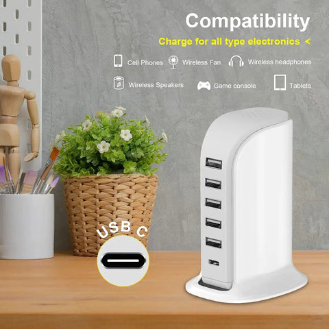 40W USB Charging Hub Workhorse with five ports and Type C 3A desktop wall charger on a desk with plant and decor.