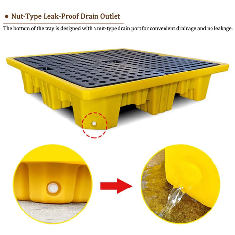 Heavy Duty Drum Spill Pallet With Drain For Garage And Shop Stackable Containment Tray in yellow with nut-type drain outlet
