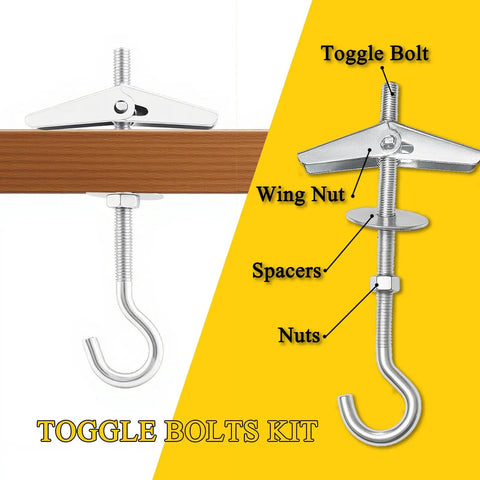 Heavy Duty Steel Toggle Bolts With Swag Hooks For Drywall Mounting showing components including wing nut, spacers, and hook.