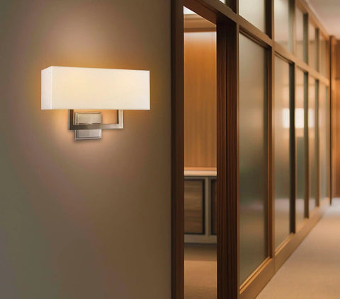Haven 16 Inch 2 Light Totally Chic Modern Wall Sconce With White Fabric Shade for Bathrooms and Hallways in brushed nickel