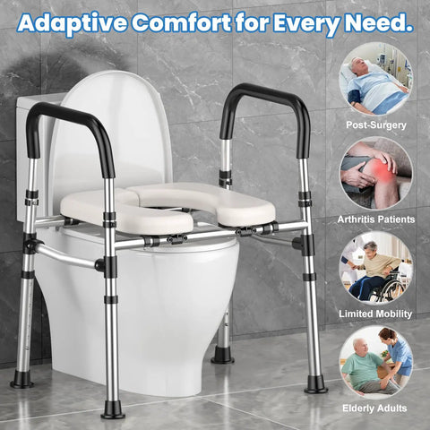 Premium Raised Toilet Seat Featuring Secure Grip Handles For Seniors And Pre And Post Surgery Recovery Built Tough With Anti Slip Base No Hassle Setup Supports Four Hundred Pounds FSA HSA Approved Bath Gear on a toilet with an aluminum frame.
