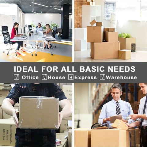 Collage showing No Noise Clear Packing Tape Heavy Duty Packaging Tape Refill Rolls For Sealing And Shipping in office and warehouse settings, perfect for boxes.