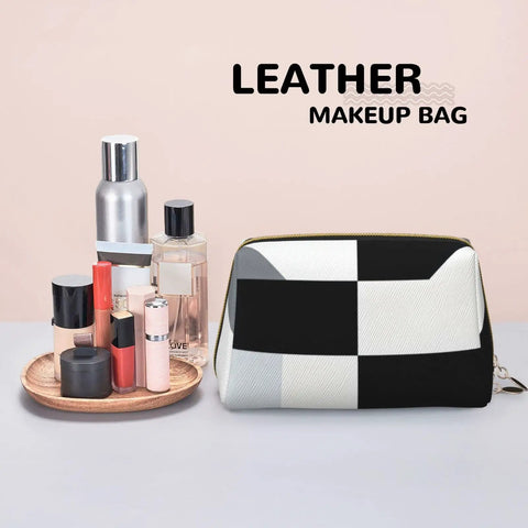 Hella Cool Black And White Piano Plate Grid Print Portable Makeup Bag For Women Offering Tough Waterproof PVC Finish Travel Toiletry Organizer And Brush Holder with cosmetics.