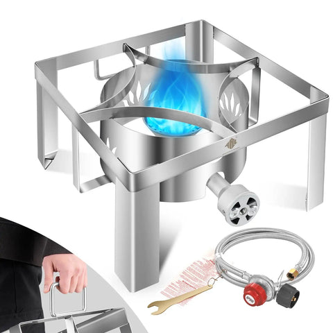 Portable 55,000 BTU Stainless Steel Propane Burner For Camping And Outdoor Cooking With CSA Regulator And Windshields, 12 Inch Stove.
