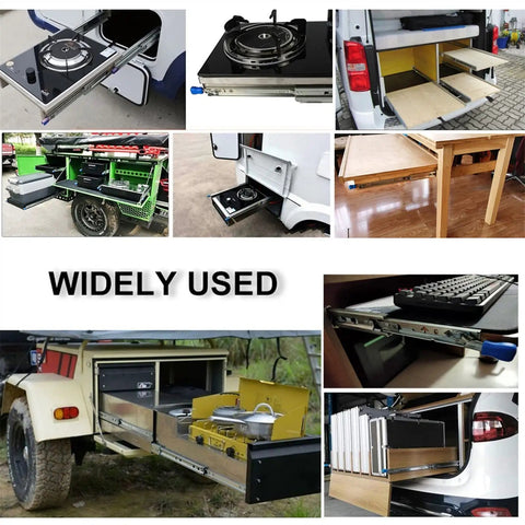 Collage showing 2 Pack Heavy Duty Drawer Slides 56 Inch Full Extension Ball Bearing Rails in various vehicle applications