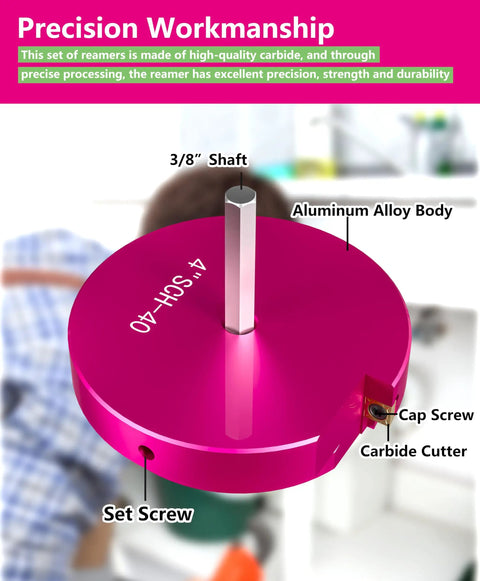 Close-up of pink reamer with labels, part of 4 Piece Pipe Reamer Kit For PVC CPVC And ABS Piping With Reamers In One And A Half Inch