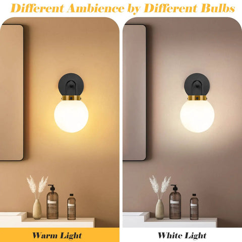 Two Pack Chic Modern Wall Sconces Matte Black And Gold With Milky Glass Globe Vanity Lighting showing warm and white light ambiance