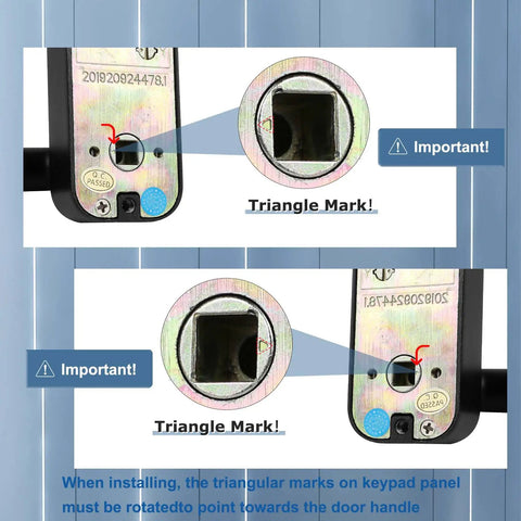 No Sweat Heavy Duty Outdoor Keyless Padlock With Solid Zinc Mechanical Keypad showing installation instructions and triangle mark