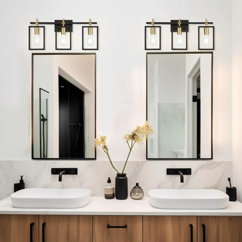 Industrial 3 Light Vanity Fixture In Black And Brass Gold With Rectangular Backplate Rustic Modern Farmhouse Bath Lighting Over Mirror For Bathrooms Restrooms Kitchens Living Rooms And More showcased in a modern bathroom.