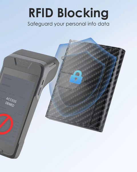 RFID Blocking Wallet For Men With Pop Up Card Holder And Trifold Slim Design showing RFID security protection next to card scanner