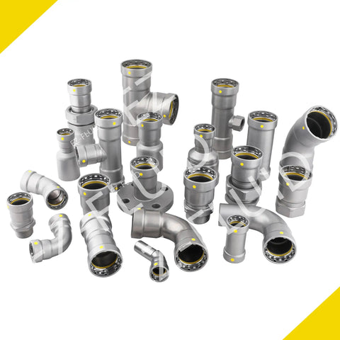 3/4 Inch Press To Female Iron Pipe Carbon Steel Union Coupling Fitting With HNBR Seal Ring in various sizes and angles.